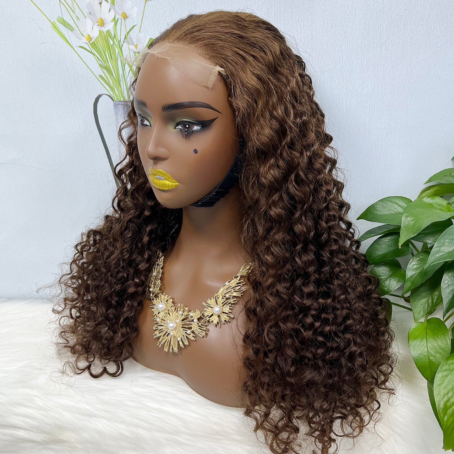 5*5 HD Glueless Wig Water Wave Human Hair Curly Lace Wigs Brown Color 4# 26"