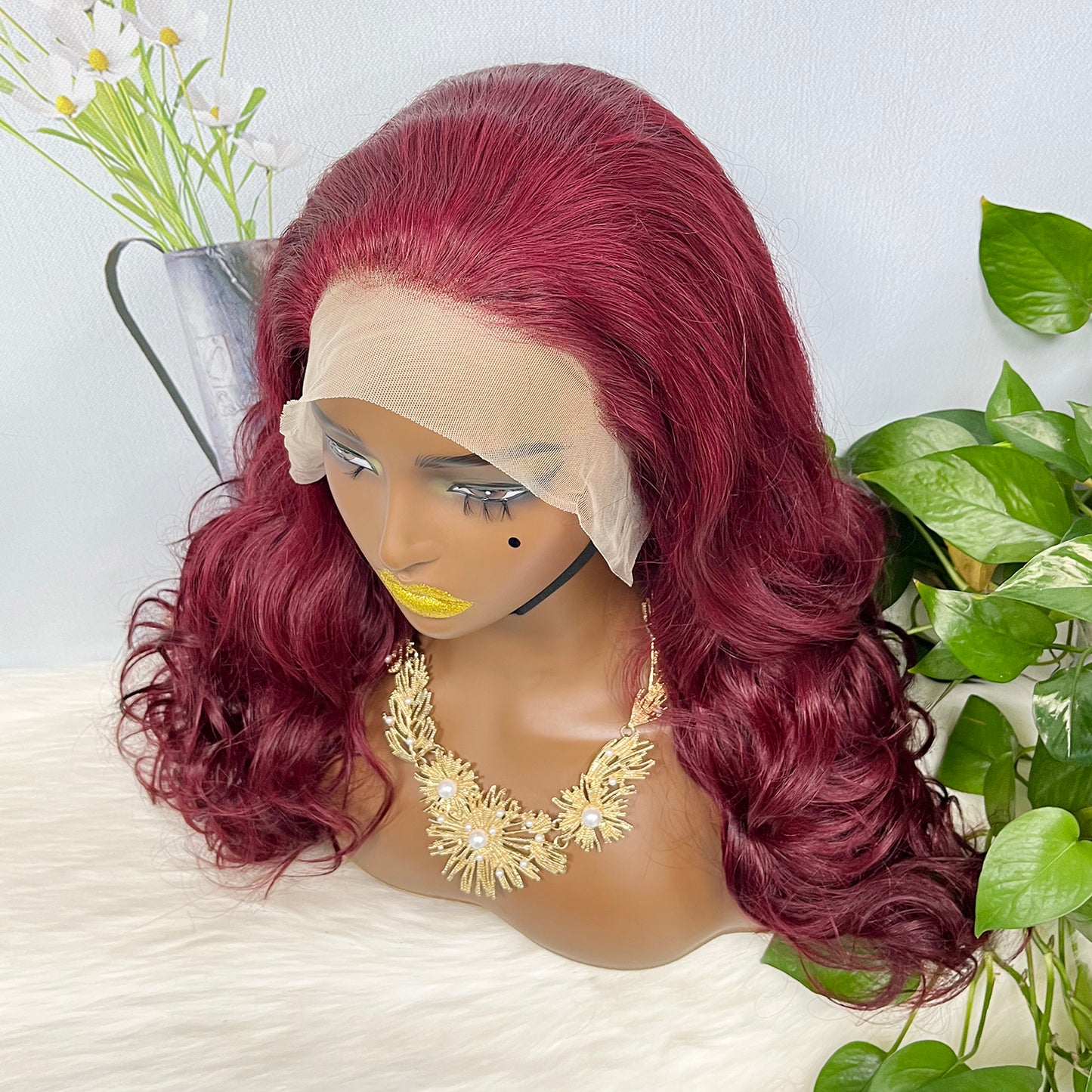 Double Drawn 13*4 GluelessLace Wig Romance Curl Natural Human Hair Lace Wigs Wine Color 99J 20"