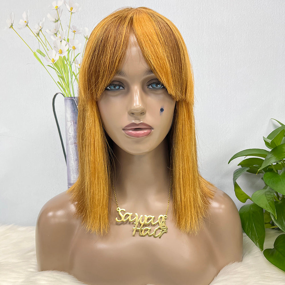 DD Wig Bangs Machine Human Hair Wig Straight Highlight Color P4/27 12inch