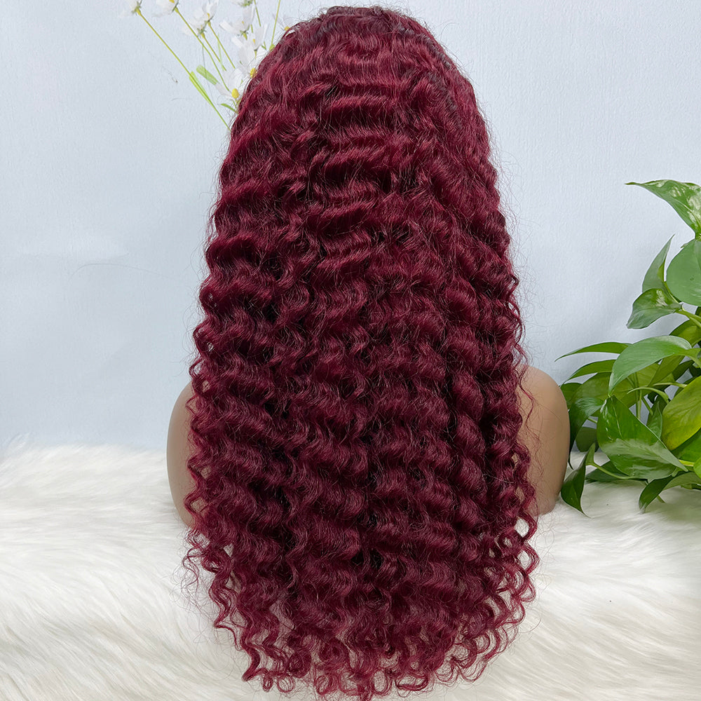 13*4 Lace Wig Deep Wave Natural Human Hair Lace Wigs Color 99J 200% Density