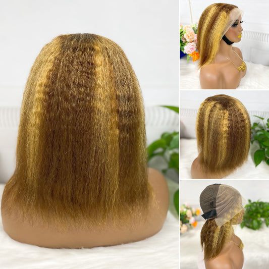 13*4 BoB Wig Kinky Straight Natural Color Lace Wigs Couleur P4/27# 200% Densité