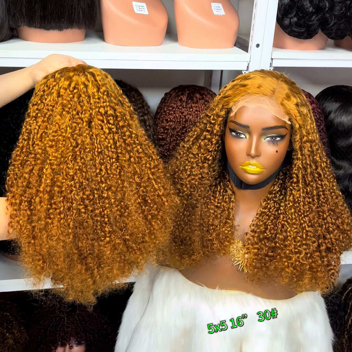 16" Double Drawn 5x5 Glueless Wig Pixie Curl Natural Human Hair Lace Wigs Wine Color 99J