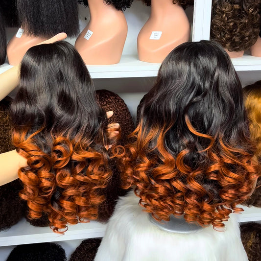 Double Drawn 5x5 Glueless Lace Wig Romance Bouncy Human Hair Wigs Ombre Color T1B/350 24"
