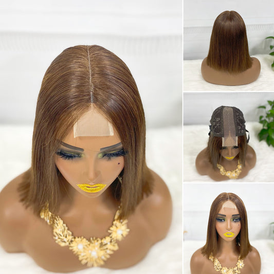 Double Drawn 2*6 Lace Bob Wig  Human Hair Lace Wig Color 4# Straight 200% Density