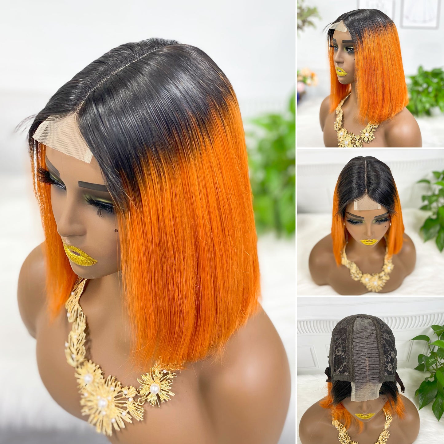 Super Double Drawn 2*6 Lace Bob Wig  Human Hair Lace Wig Color T1B/Orange Straight