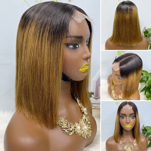 Perruque Bob Lace Wig naturelle lisse, cheveux humains, Double tirage, couleur T1B/30 #, densité 200%, 2*6