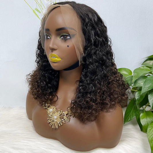 Double Drawn 13*4 Glueless Wig Pissy Curl Natural Human Hair Lace Wig Ombre Color T1B/4 250% Density