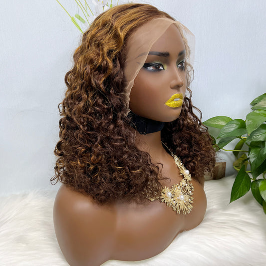 Double Drawn 13*4 Glueless Wig Pissy Curl Natural Human Hair Lace Wig Piano Color P4/30 250% Density