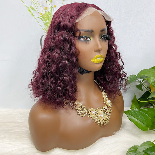 Double Drawn 5x5 Glueless Wig Water Wave Natural Human Hair Lace Wig Wine Color 99J  14 inch