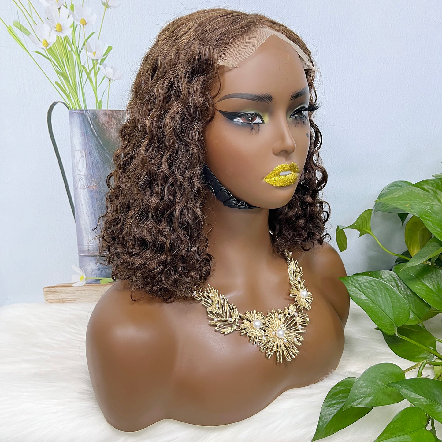 Double Drawn 5x5 Glueless Wig Water Wave Natural Human Hair Lace Wig Brown Color 4#  14 inch