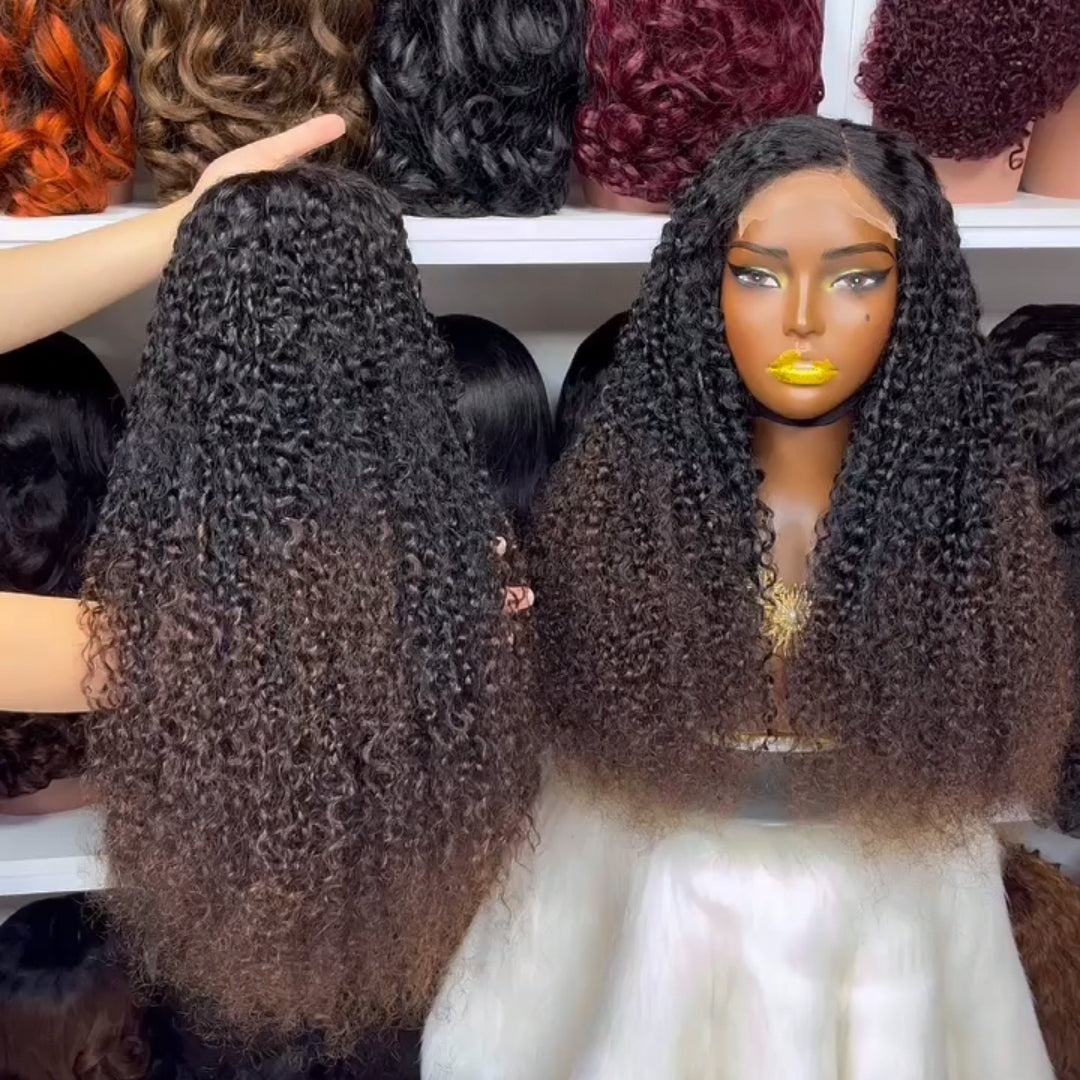26" Double Drawn 5x5 Glueless Wig Pixie Curl Natural Human Hair Lace Wigs Ombre Color 1B