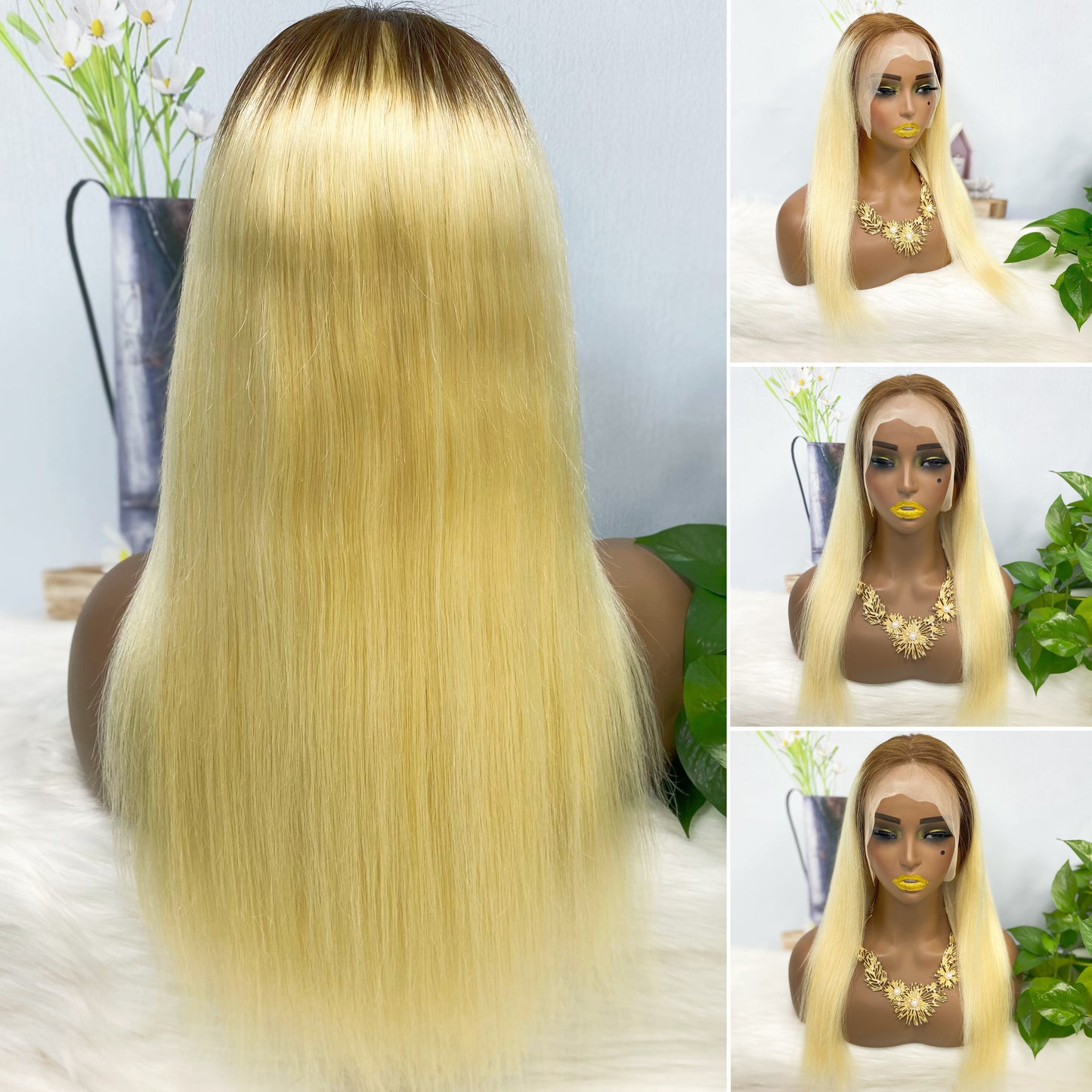 13*4 Lace Wig Straight  Natural Human Hair Lace Wigs Color T4/613# 200% Density