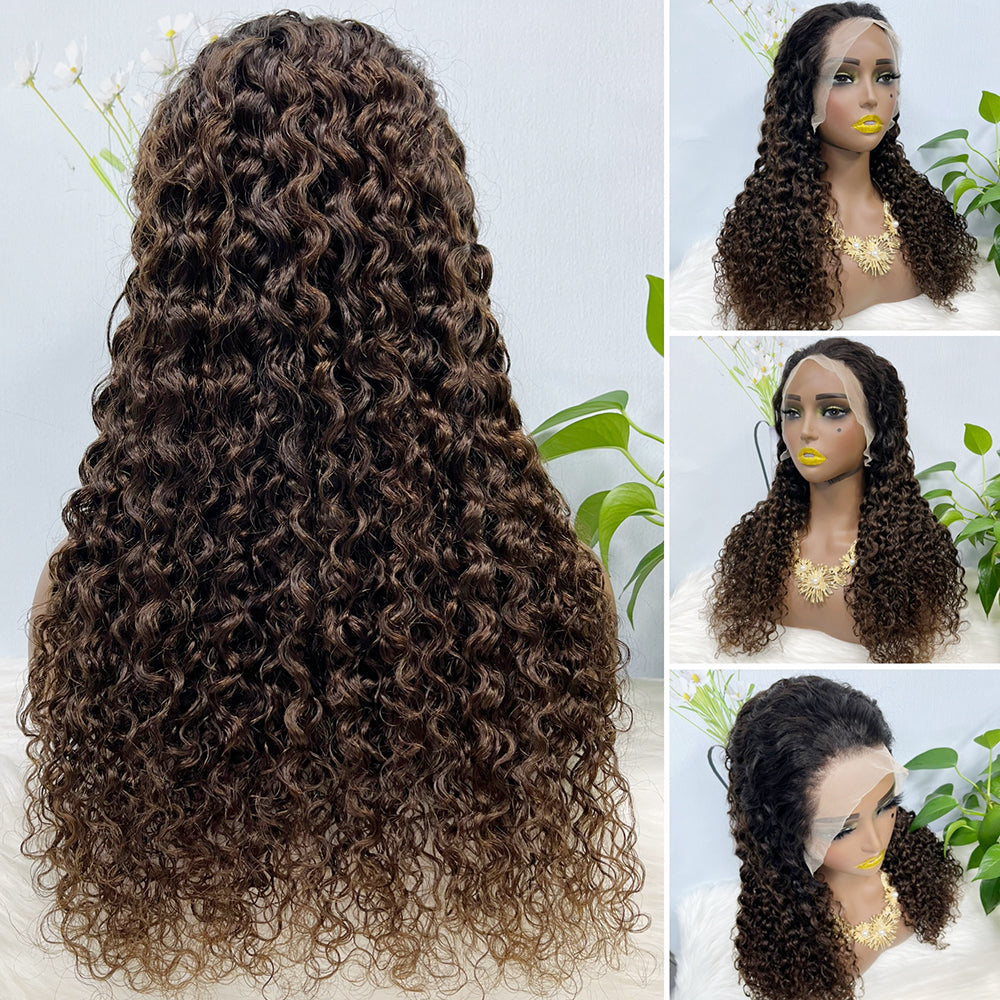 13*4 Lace Wig  Water Wave Natural Virgin Human Hair Lace Wigs Color T1B/4# 200% Density