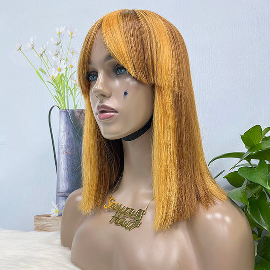 DD Wig Bangs Machine Human Hair Wig Straight Highlight Color P4/27 12inch