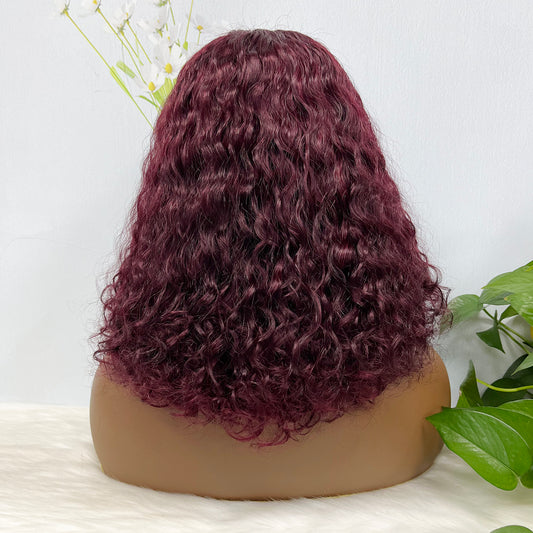 Double Drawn 5x5 Glueless Wig Water Wave Natural Human Hair Lace Wig Wine Color 99J  14 inch