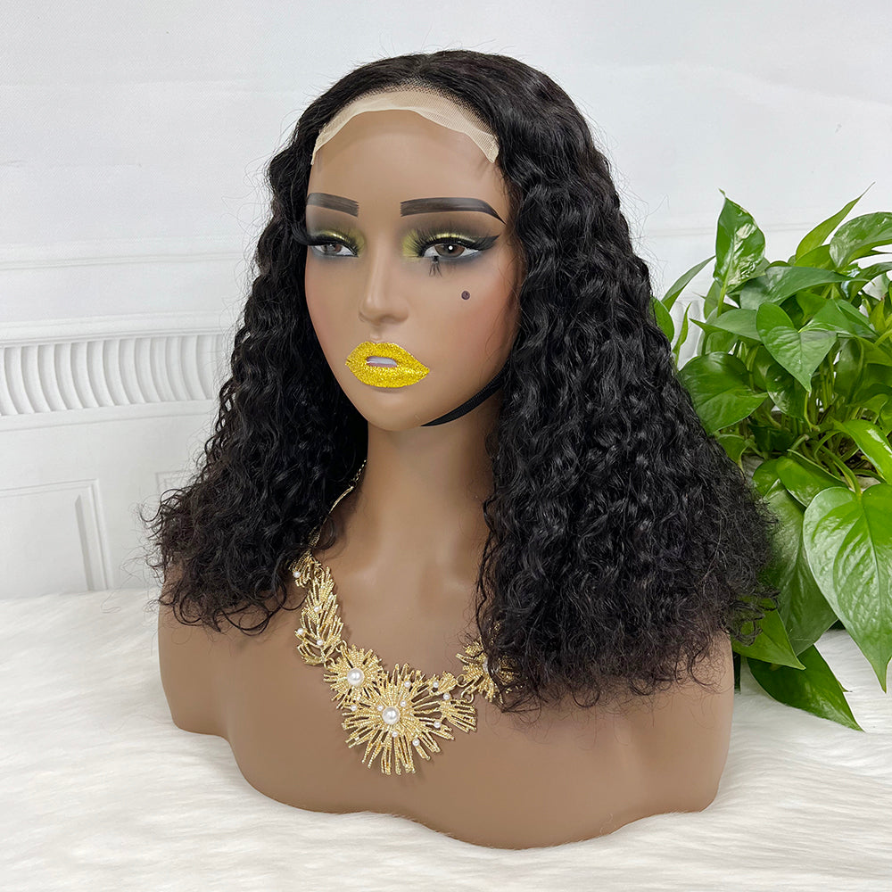 4*4 Lace Wig Water Wave Natural Human Hair Lace Wigs Black Color 14 inch 250% Density