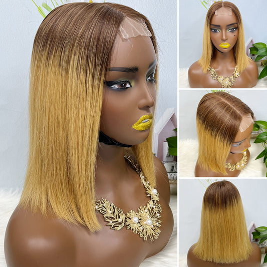 Super Double Drawn 2*6 Lace Bob Wig Human Hair Lace Wig Color T4/27# Straight