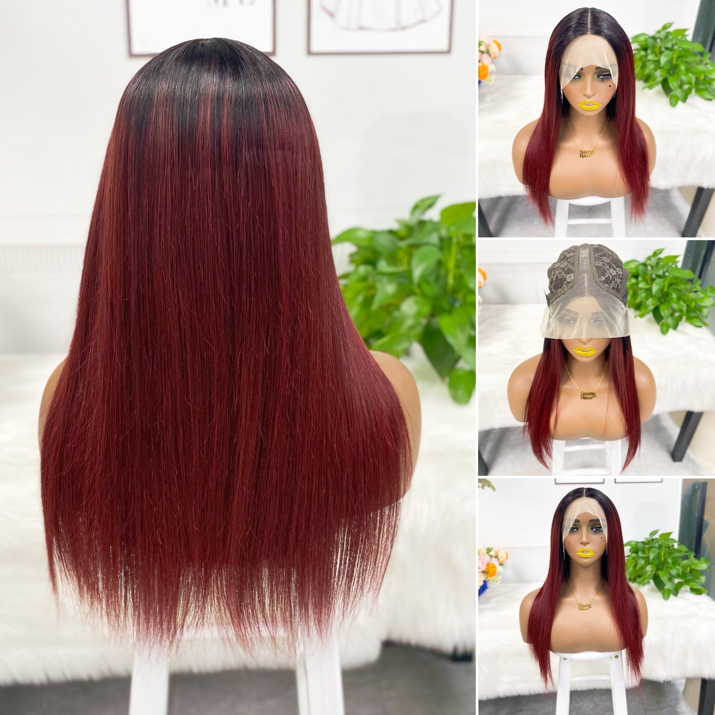 Perruque Lace Wig naturelle lisse, cheveux humains, couleur T1B/350 #, 20 pouces