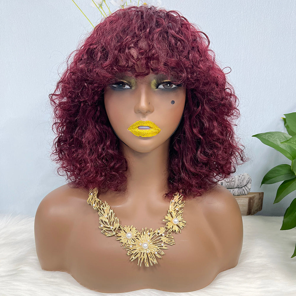 DD Wig With Bangs Water Wave Machine Human Hair Wig Color 99J