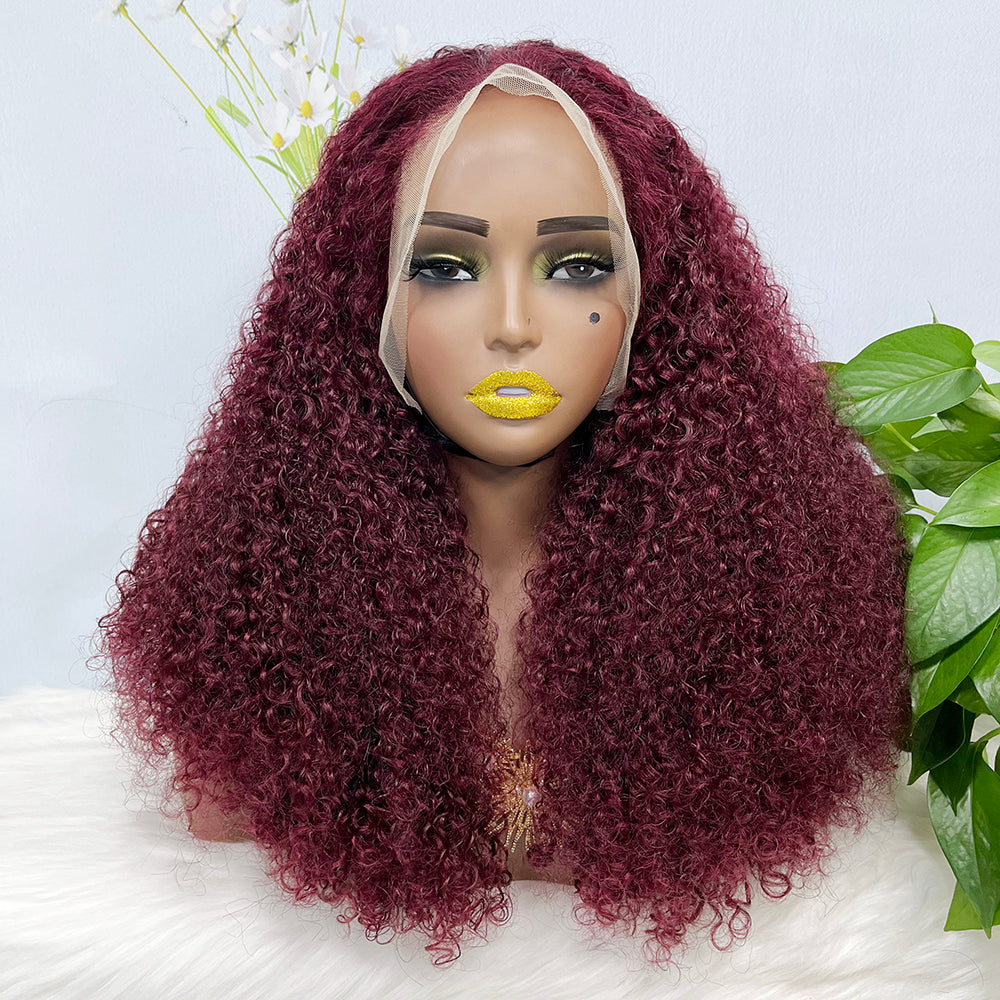 Double Drawn 13*4 Lace Wig Kinky Curl  Lace Wig Color 99J 300% Density