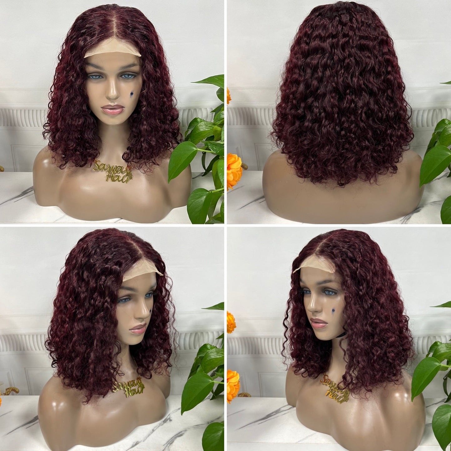 DD 4*4 Bob Lace Wig Water Wave Color 99J Natural Human Hair Lace Wigs 14 inch