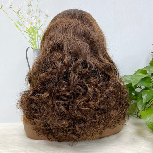Double Drawn 13*4 Glueless Lace Wig Bouncy Curl Natural Human Hair Wigs Color 4#