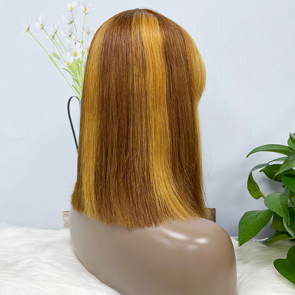 DD Wig Bangs Machine Human Hair Wig Straight Highlight Color P4/27 12inch