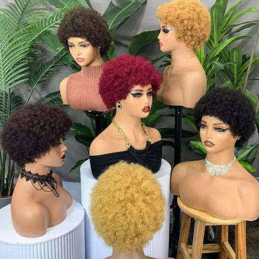 Machine Human Hair Wig Natural Hair No Lace Wigs Natural Color Afro Wig 6"