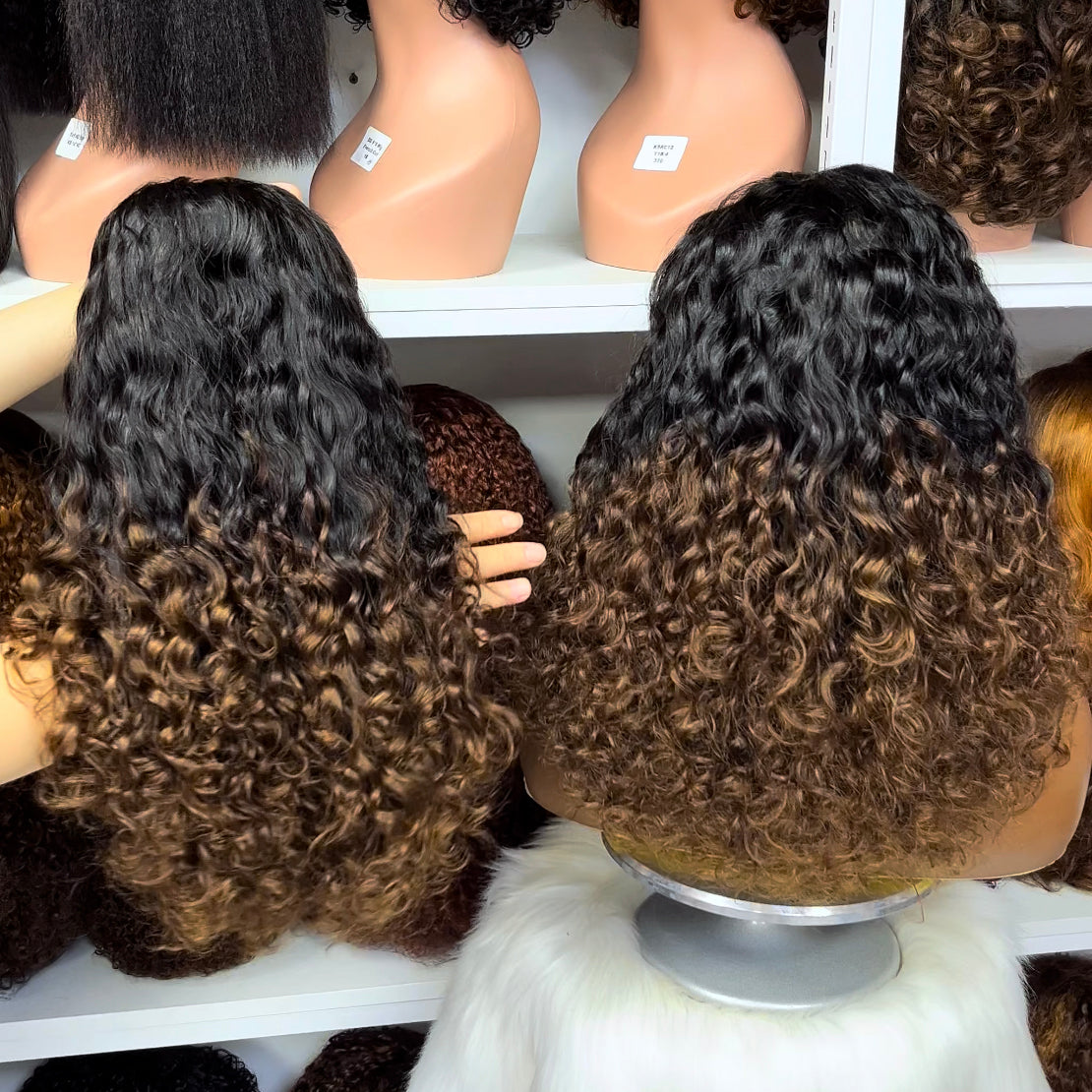 Double Drawn 5x5 Glueless Lace Wig Pissy Curl Curly Human Hair Wigs 16" Ombre Color T1B/4