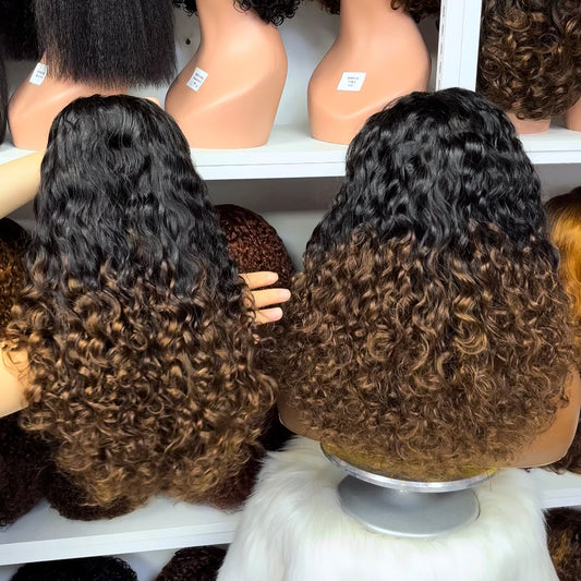 Double Drawn 5x5 Glueless Lace Wig Pissy Curl Curly Human Hair Wigs 16" Ombre Color T1B/4