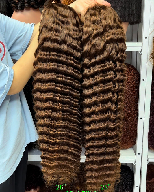Color 13x4 Lace Wig Deep Wave Human Hair Wigs Brown Color 4# 18"-30"