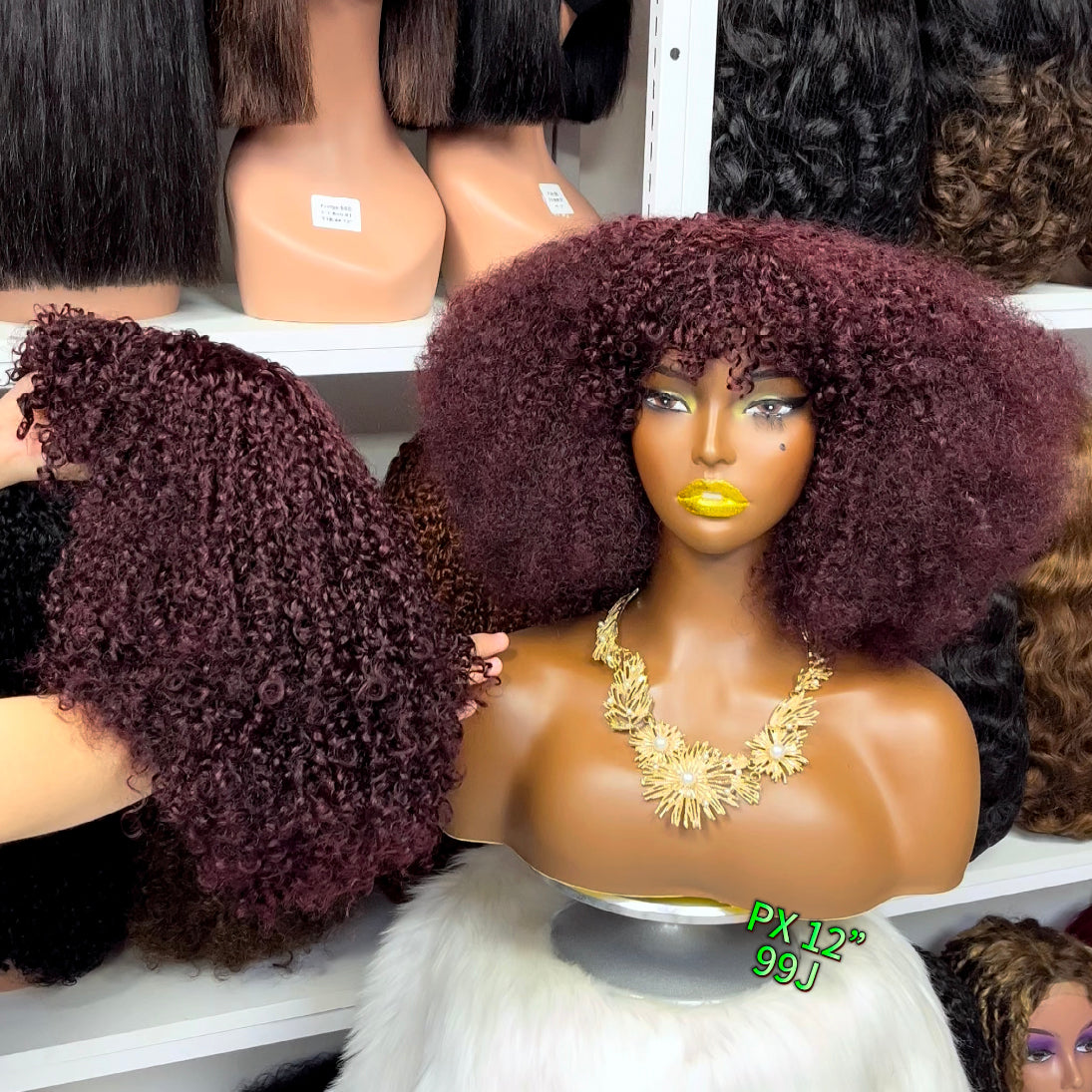 Fringe Double Drawn Wig Human Hair Pixie Curl Wigs 300% Density 12" Ombre Color T4/30/4