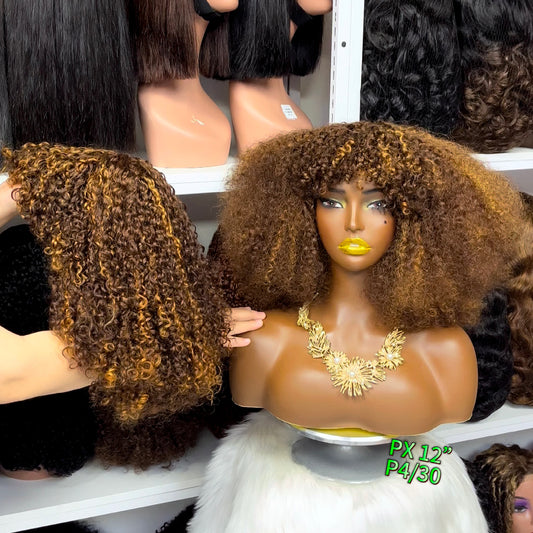 Fringe Double Drawn Wig Human Hair Pixie Curl Wigs 300% Density 12" Ombre Color T4/30/4