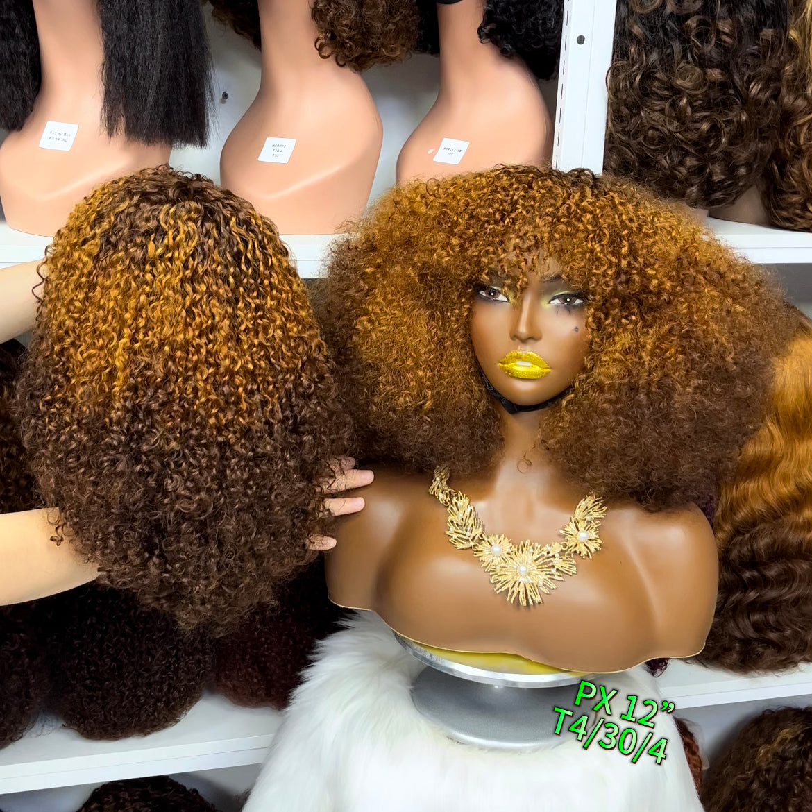 Fringe Double Drawn Wig Human Hair Pixie Curl Wigs 300% Density 12" Ombre Color T4/30/4