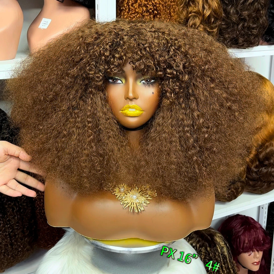 Fringe Double Drawn Wig Human Hair Pixie Curl Wigs 300% Density 12" Ombre Color T4/30/4