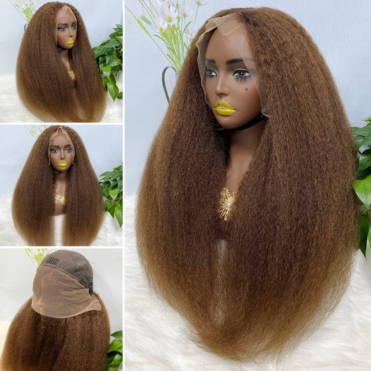 Color 13x4 Lace Wig Kinky Straight Human Hair Wigs Brown Color 4# 18"-30"