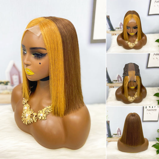 Perruque Bob Lace Wig naturelle lisse, cheveux humains, Double tirage, couleur M4/27 #, densité 200%, 2*6