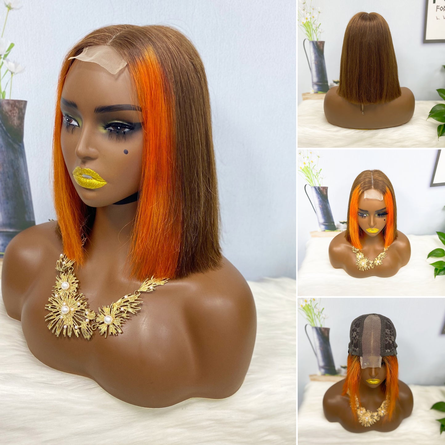 Super Double Drawn 2*6 Lace Bob Wig  Human Hair Lace Wig Color T1B/Orange Straight