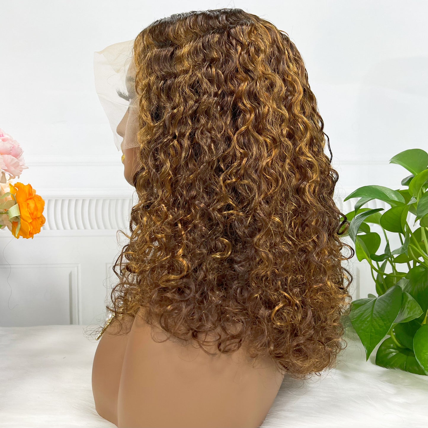 Double Drawn 13*4 Lace Wig Pissy Curly Natural Human Hair Lace Wigs Color P4/27# 250% Density