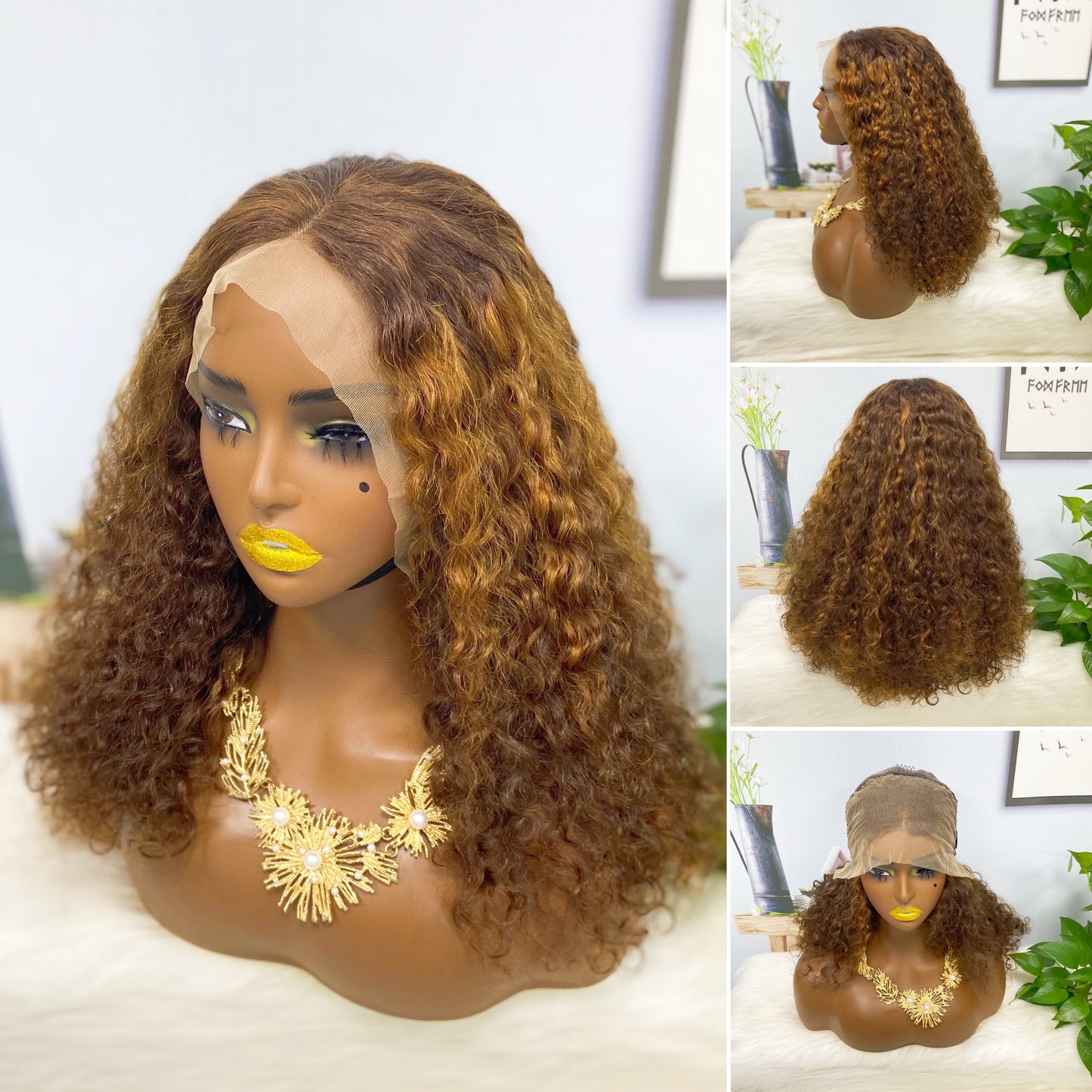 Double Drawn 13*4 Lace Wig Pissy Curly Natural Human Hair Lace Wigs Color P4/27# 250% Density