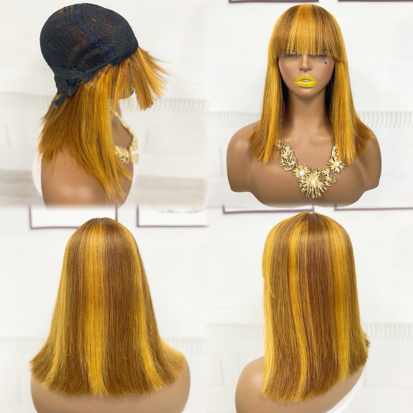 Bone Straight Double Drawn Bob Wig With Bangs Raw Virgin Human Hair Wigs P4/27# Color