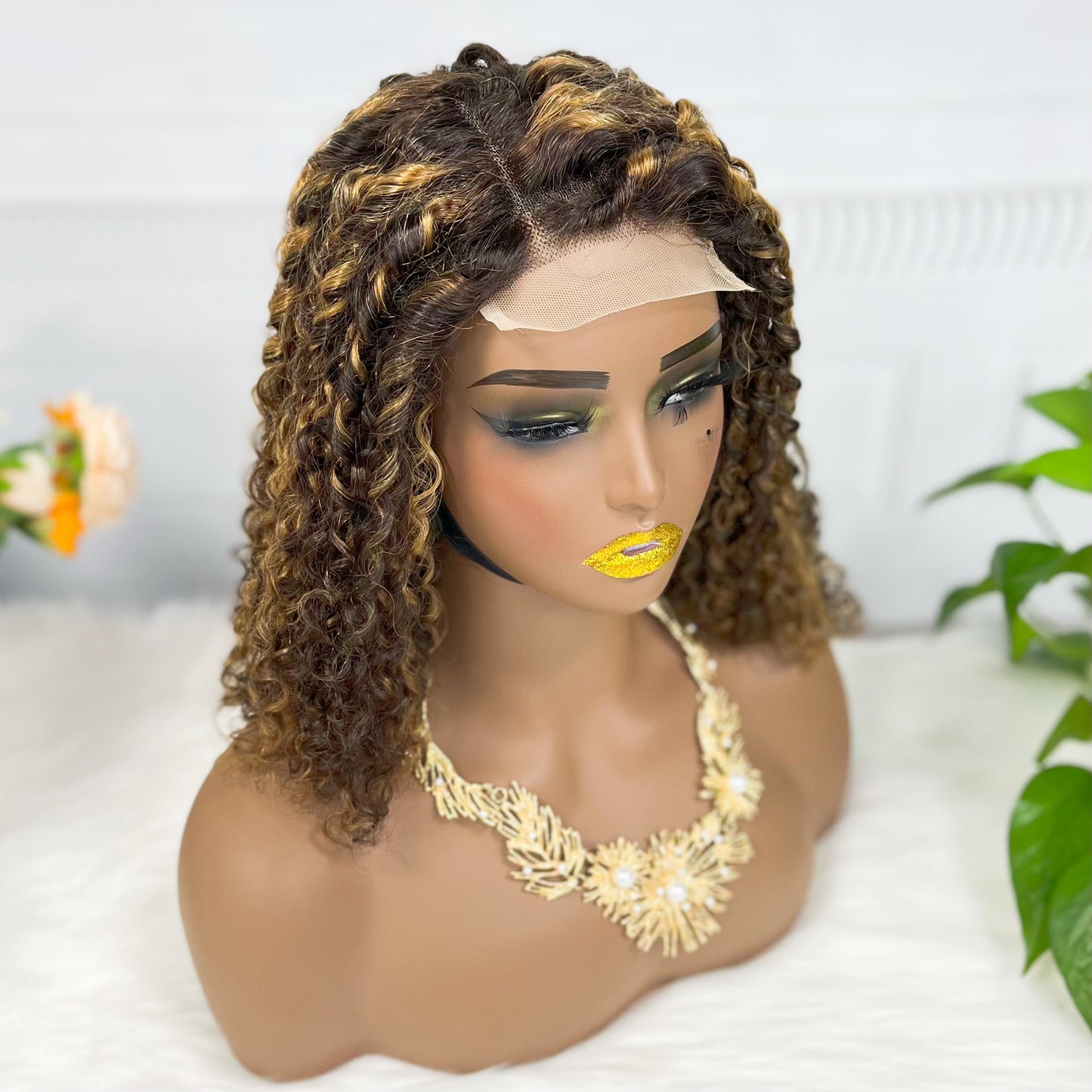 Double Drawn 4*4 BOB Lace Wig Pissy Curl  Natural Virgin Human Hair Lace Wigs Color P4/27