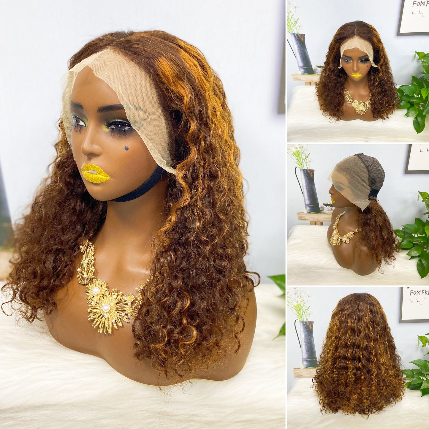 Double Drawn 13*4 Lace Wig Pissy Curly Natural Human Hair Lace Wigs Color P4/27# 250% Density