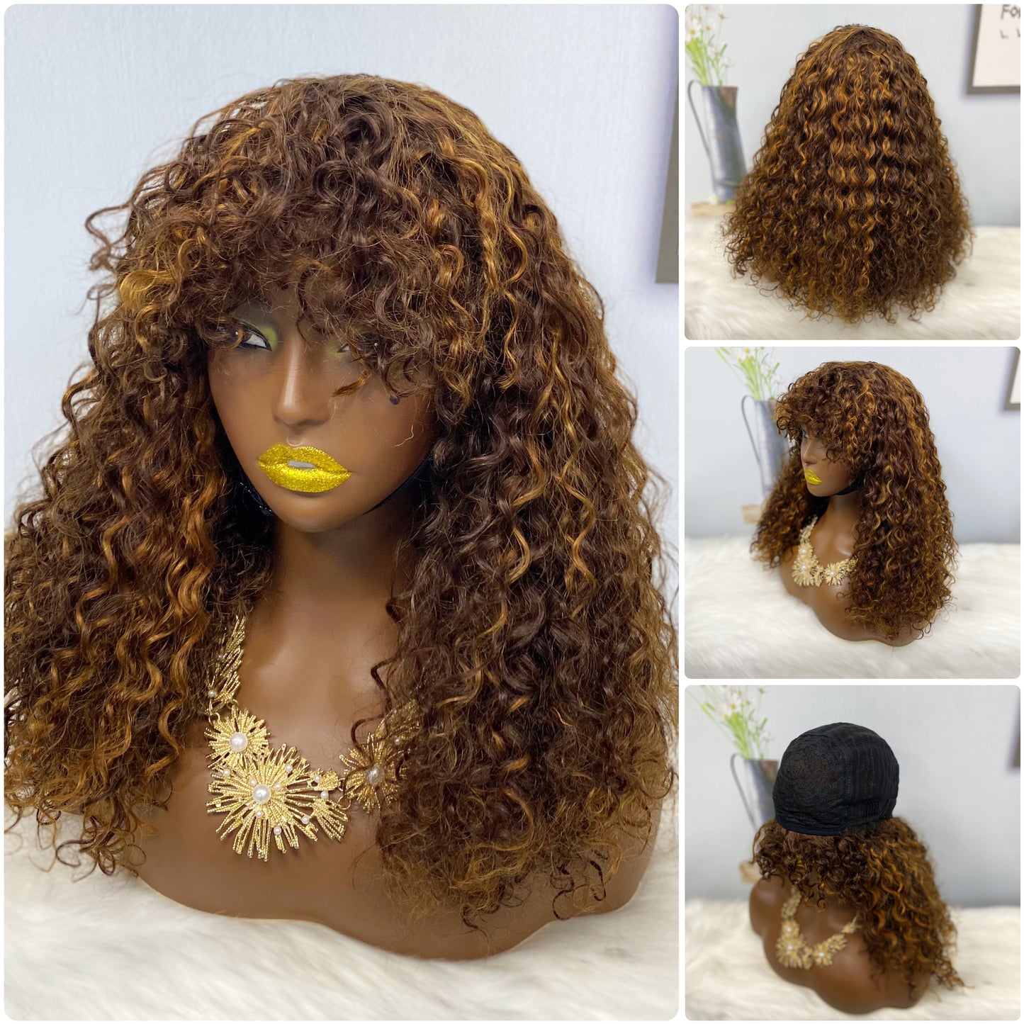 Fringe DD Machine Wig Water Wave Natural Human Hair Wigs Color P4/30#