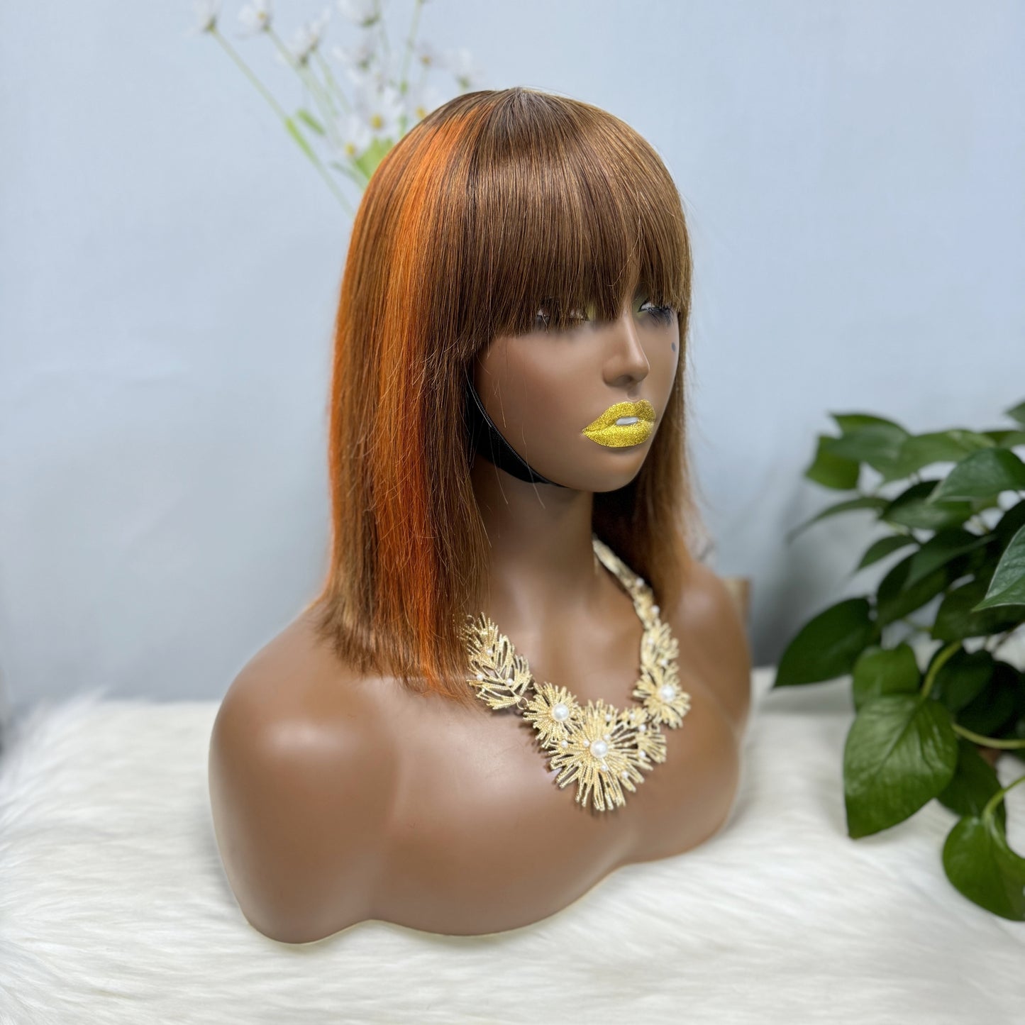 Fringe Bob Wig Straight Natural Human Hair Wigs Color P4/350# 12"