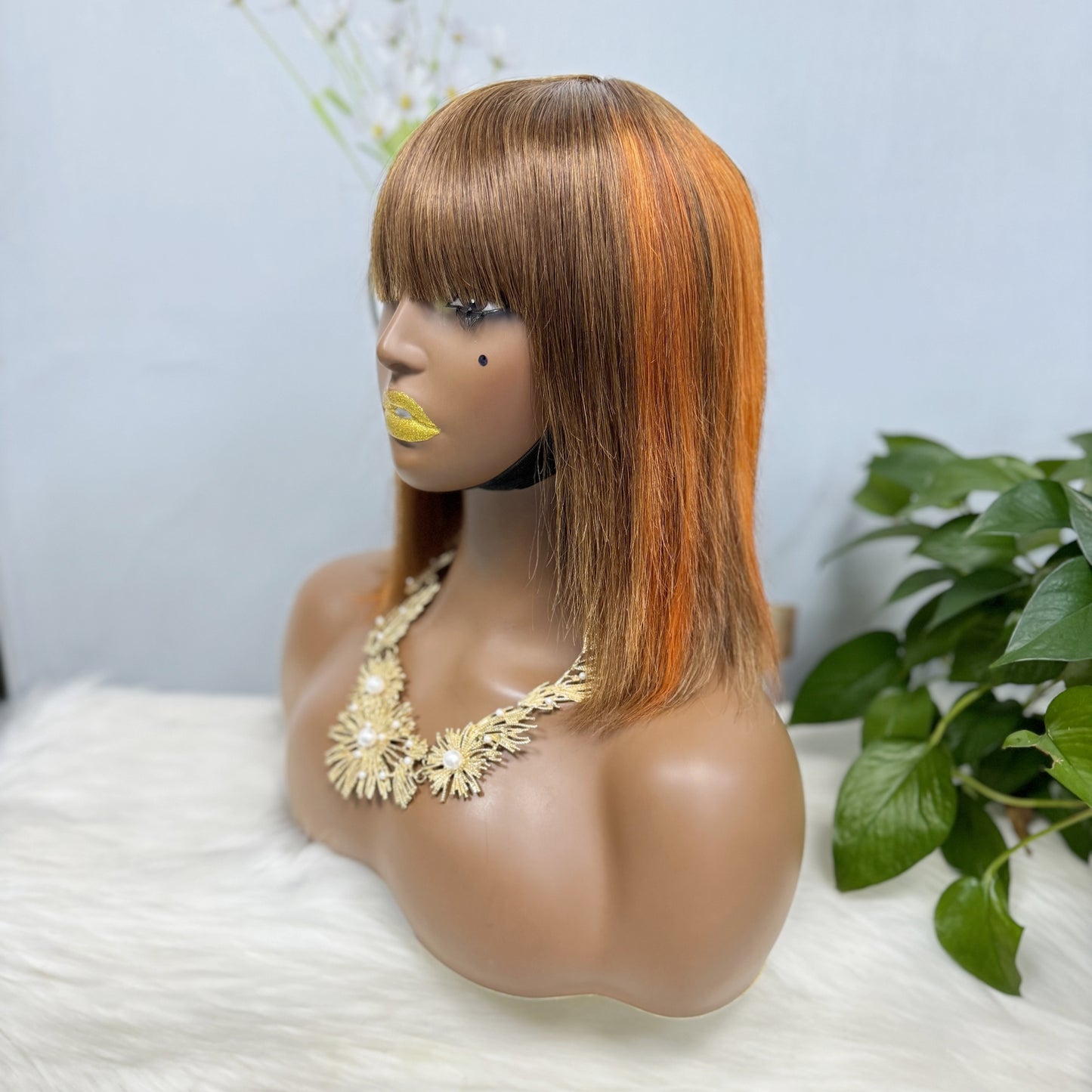 Fringe Bob Wig Straight Natural Human Hair Wigs Color P4/350# 12"