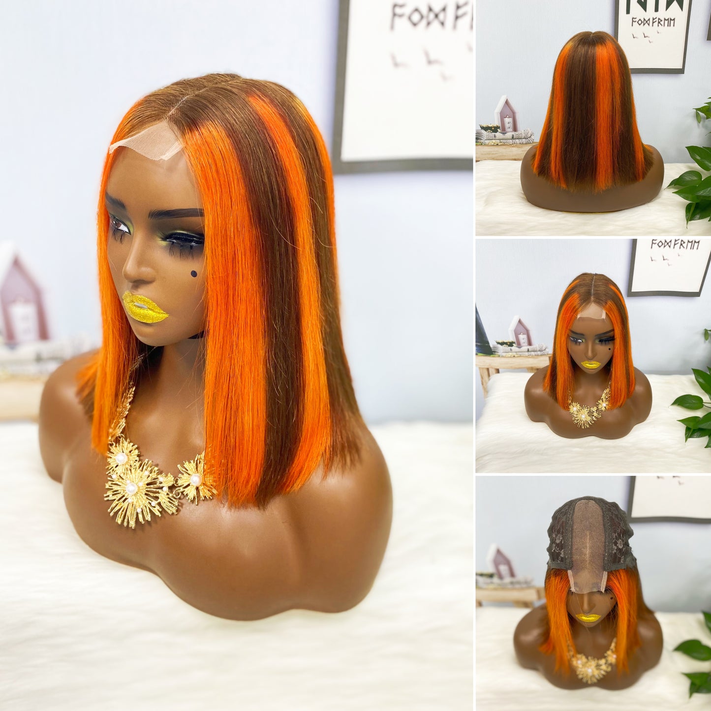 Super Double Drawn 2*6 Lace Bob Wig  Human Hair Lace Wig Color T1B/Orange Straight