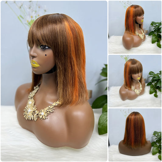 Fringe Bob Wig Straight Natural Human Hair Wigs Color P4/350# 12"