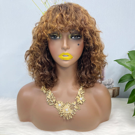 DD Wig With Bangs Water Wave Machine Human Hair Wig Color P4/27#