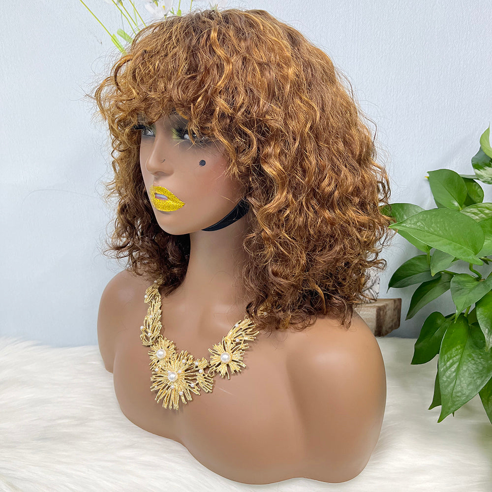 DD Wig With Bangs Water Wave Machine Human Hair Wig Color P4/27#